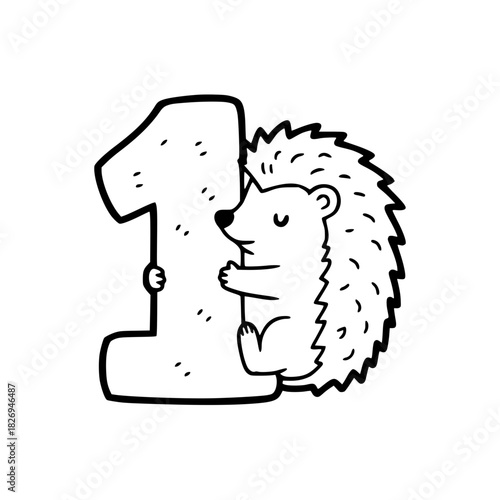 A cute hedgehog cuddles a number one, rendered in an illustrative style, evoking playfulness and a sense of learning, with soft lines and a charming design. vector illustration