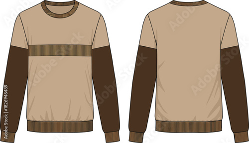 cad drawing flat vector illustration, color block sweatshirt front back view, fashion sketch, crewneck design, technical apparel template