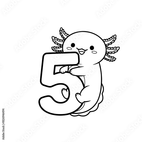 A whimsical cartoon axolotl joyfully embraces the number 5, its cute form and friendly expression. Perfect for educational resources. vector illustration