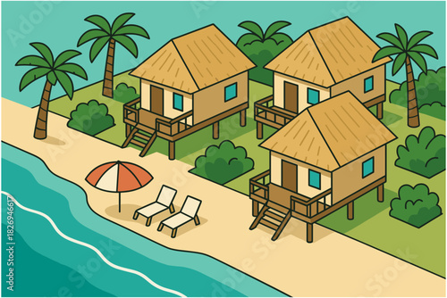 Tropical beachfront bungalows with palm trees and deck chairs in flat style