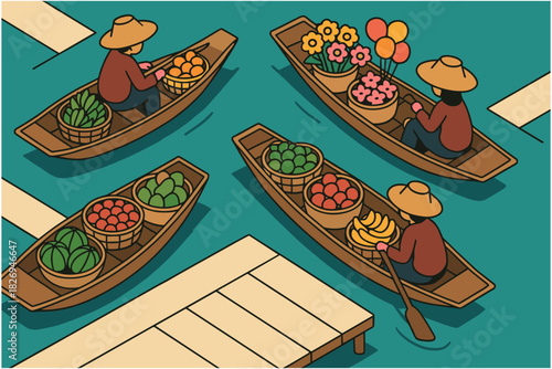 Floating market scene with fruit and flower vendors in boats