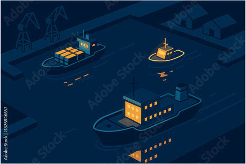 Isometric night harbor scene with cargo and tug boats