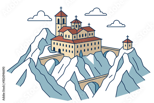 Mountain monastery with cloudy sky and bridges in vintage style