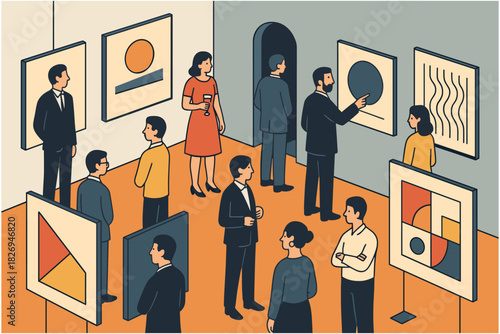 Art gallery event with people engaging and viewing modern abstract exhibits in isometric style