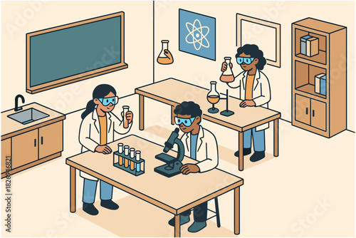 Students conducting experiments in a modern school laboratory setting