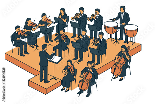 Isometric orchestra performance with conductors and musicians on stage