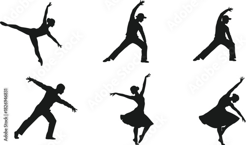 Dance silhouette, ballet dancer, modern dancer, contemporary movement, performing arts, graceful pose, male dancer, female dancer, artistic expression, choreography