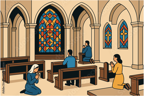 Faithful praying in church interior with stained glass windows in flat design