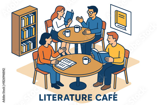 Cozy literature café gathering with people reading books and drinking coffee in isometric design