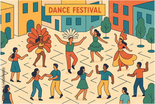 Colorful dance festival celebration with people in traditional costumes