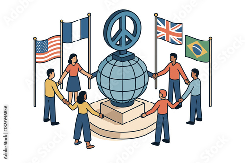 Diverse group holding hands around globe with peace symbol and flags