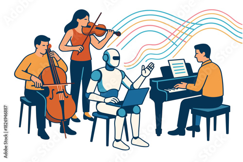 Human and robot musicians collaborating in harmony with colorful lines