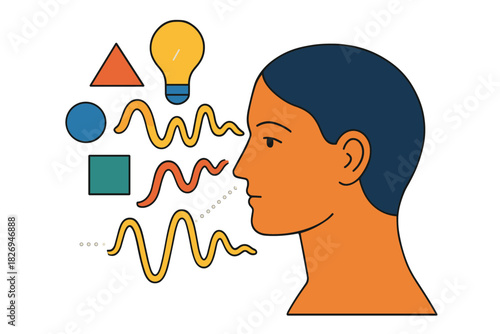 Abstract human profile with geometric shapes and wavy lines in modern flat style