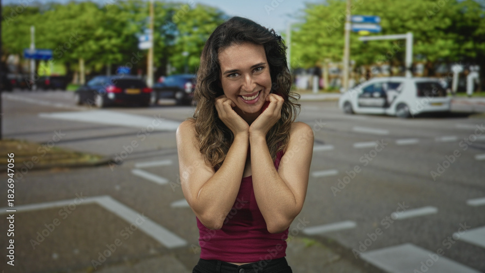 Fototapeta premium Young hispanic woman pressing cheeks with hands in a broad grin under sunlit trees on a busy street crosswalk; joy.