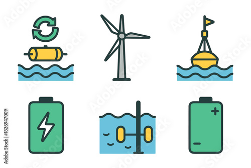 Renewable energy sources icon set featuring solar, wind, and hydro power elements in flat style