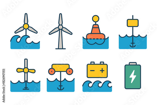Sustainable energy icons set featuring wind turbines, buoys, and batteries