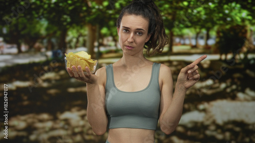 Obraz na plátně Woman in gray sports bra points finger at bowl of crispy chips in green forest; hesitation craving