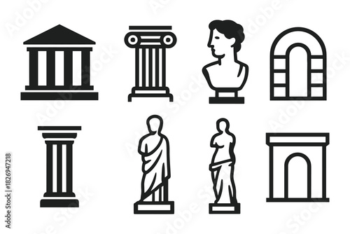 Classic architecture and sculpture icons set in minimalist linear design