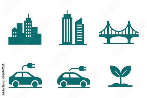 Urban and eco icons set featuring city, bridge, electric cars, and plant