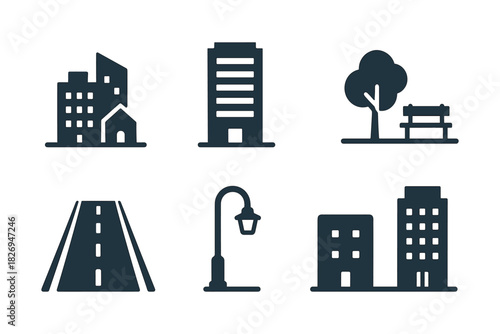 Minimalistic urban icons featuring buildings, street, and park elements in monochrome