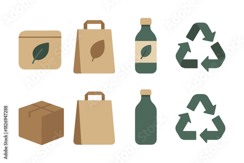 Eco-friendly packaging icons set with recycling symbols and sustainable materials