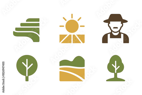 Minimalist farm icons featuring trees, farmer, and sun