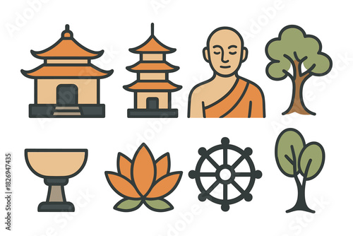 Buddhism symbols and icon set featuring pagoda, monk, and dharma wheel