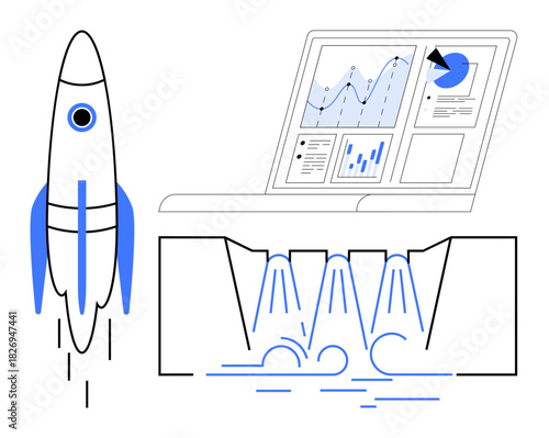 Rocket launching upward, analytics dashboard displaying charts and graphs, and water turbines generating hydro energy. Ideal for innovation, analytics, sustainability, science, technology, data
