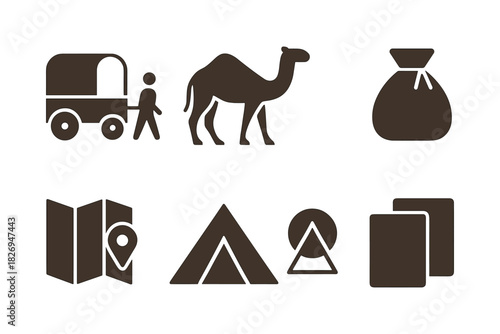 Desert journey icons: caravan, camel, camping, map, bag in brown silhouette style