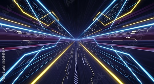 Fototapeta Naklejka Na Ścianę i Meble -  Abstract futuristic neon light tunnel perspective with digital circuit design