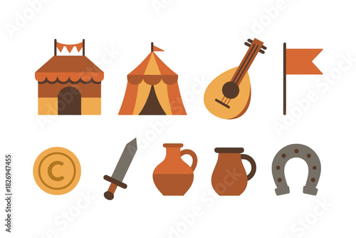 Medieval fair icons set: tent, lute, sword, jugs, horseshoe, coin in flat style