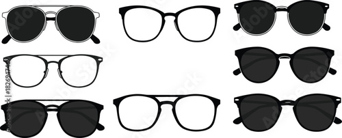 Eyeglasses and sunglasses collection, aviator, round, cat eye, rectangular frames, fashion eyewear styles, optical accessory, modern, vintage, vector illustration set