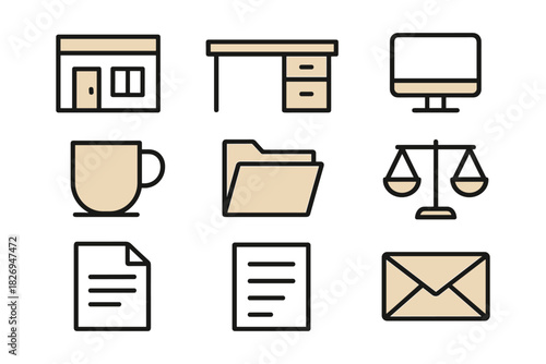 Minimalist office icons: desk, laptop, folder, mug, document, envelope, monitor