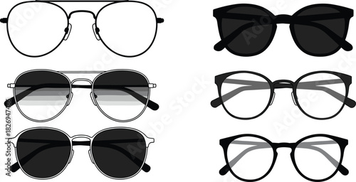 Eyeglasses silhouette collection with aviator frames, round glasses, fashion eyewear styles, sunglasses, optical accessory, modern, vintage, vector illustration