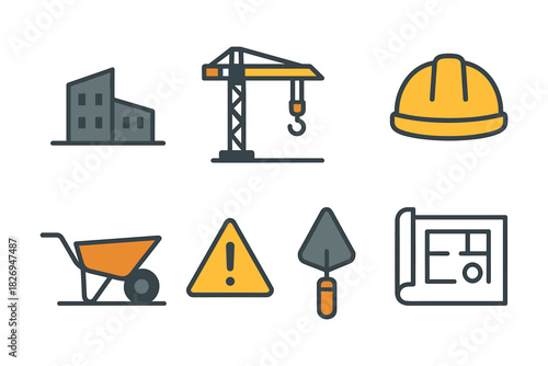Construction tools and equipment line icons for building projects