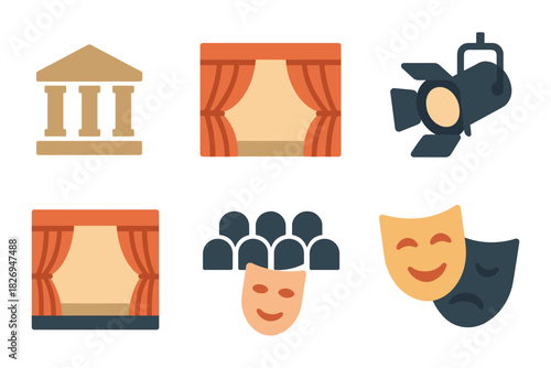 Theater icons set featuring stage curtains, comedy tragedy masks, auditorium, and spotlight