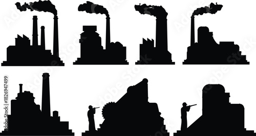 Factory silhouette vector, industrial building icon, pollution smoke stacks, manufacturing plant illustration, worker machinery graphics, black industry shapes set