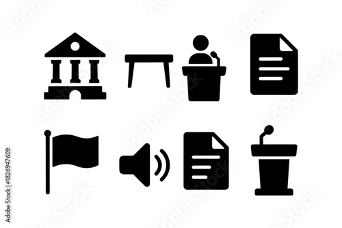 Monochrome icons of public speaking, government, and audio elements on white background