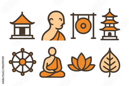 Buddhist icon set: temples, monks, gong, and dharma symbols in flat style