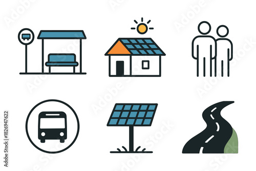 Sustainable urban living icons: solar power, public transport, eco-friendly community design