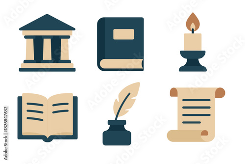 Flat design icons: library, book, candle, open book, quill, scroll representing history and literature