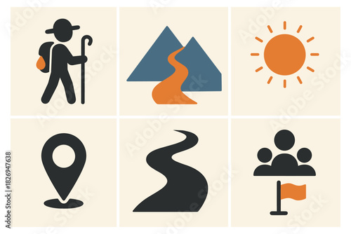 Adventure hiking icons set featuring minimalist mountain and trail symbols