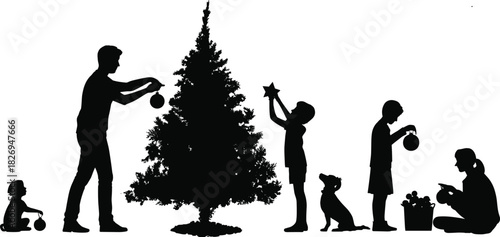 Family decorating Christmas tree, kids and parents together, holiday silhouette scene, winter celebration, festive home moment, Christmas preparation, joy