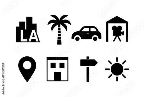Icon set featuring city, palm tree, car, film camera, location pin, building, signpost, sun