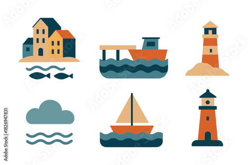 Nautical elements set with boats lighthouses and waves in minimal style