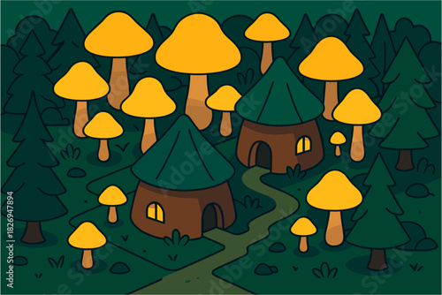 Whimsical forest scene with cozy cabins and bright mushrooms