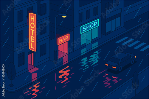 Isometric rainy night city scene with neon lights and street reflections