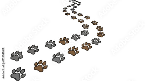 Animal paw prints trail across a white surface showing direction and movement.