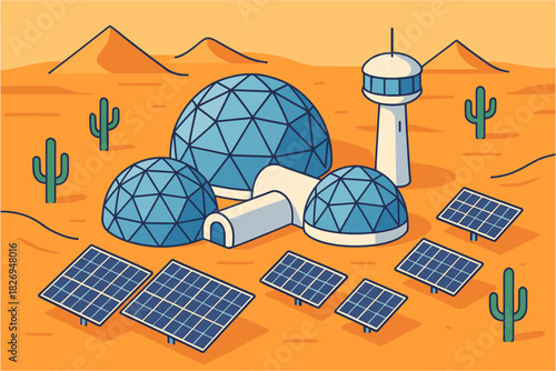 Futuristic desert landscape with solar panels and geodesic domes