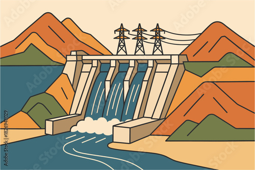 Flat design hydroelectric dam with flowing water and mountains in background